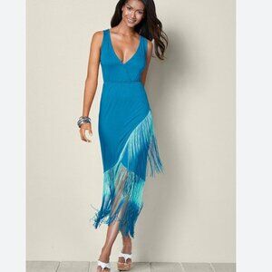 VENUS Teal Asymmetrical Fringe Dress, Small